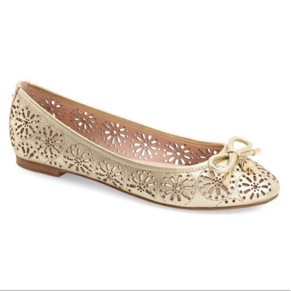 Kate Spade Walsy laser cut Gold leather ballerina flats, sz 8 Summer